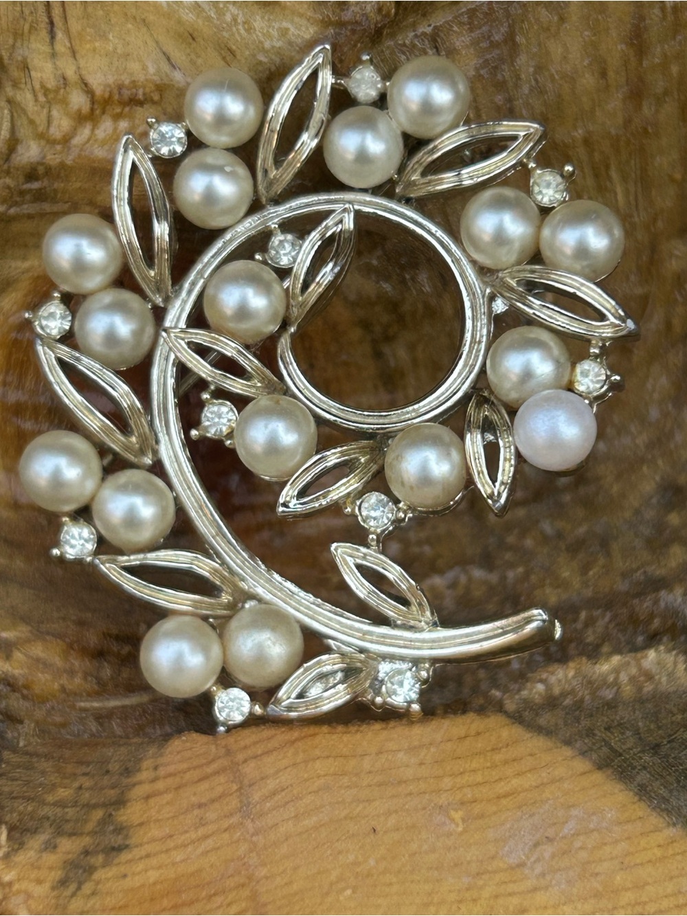 Lisner Pearl and Crystal Spiral Brooch - Silver-Tone White Pearls